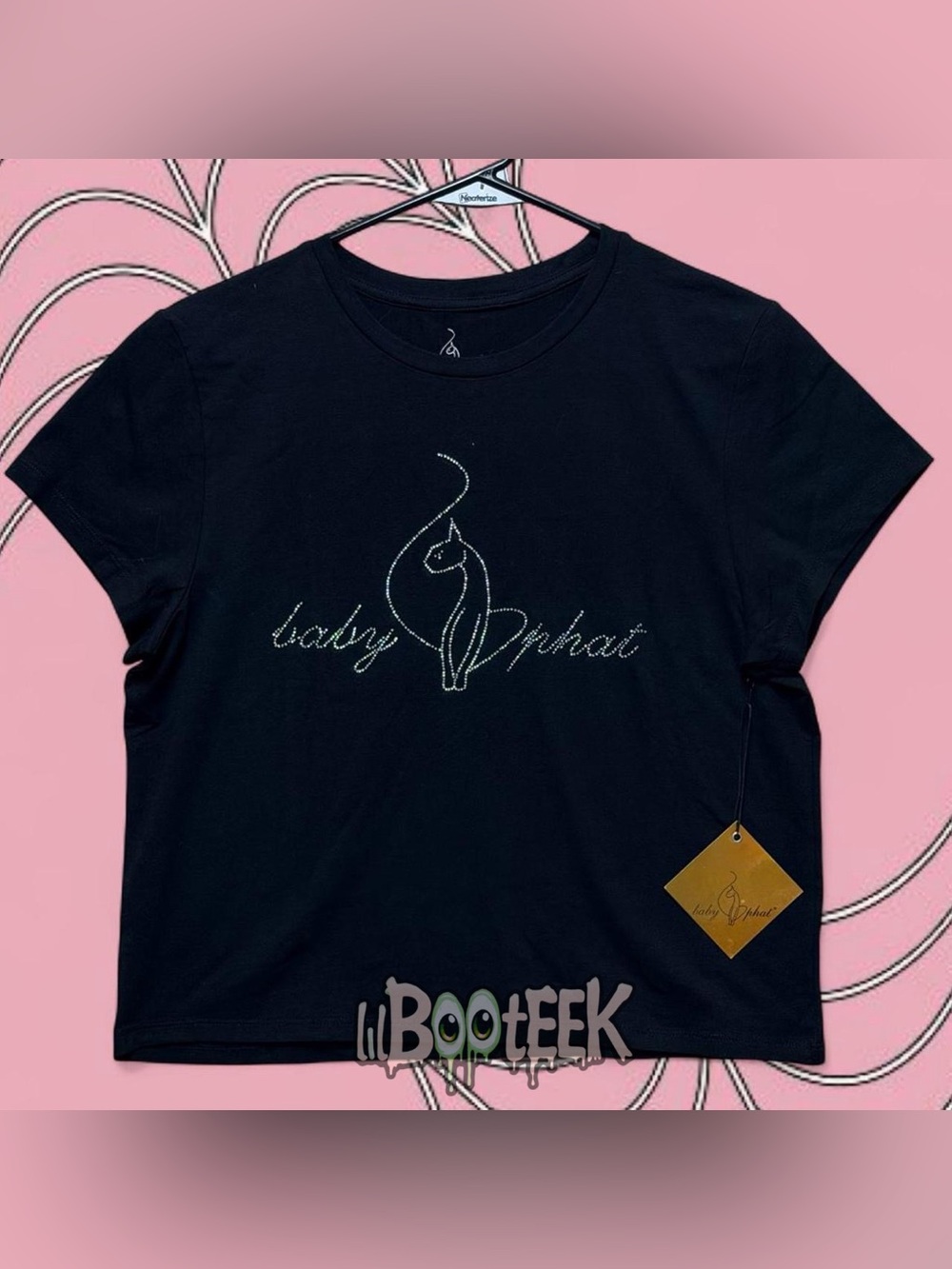 Baby Phat XL Black Short Sleeve Tee w Rhinestone Cat & Logo NwT Y2K